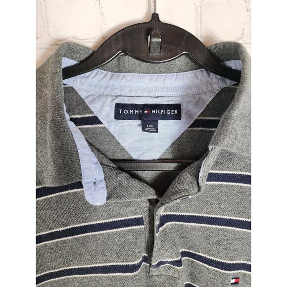 Vintage Tommy Hilfiger Blue Gray Striped Polo Shirt Logo Men Size Large - Picture 2 of 3